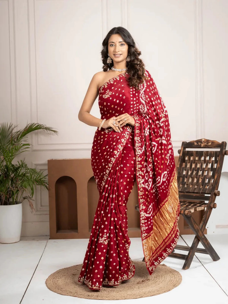 Ruby Red Bandhani Silk Saree with Hand Embellished Border - Shri SKA Sons