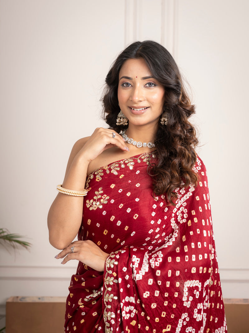 Ruby Red Bandhani Silk Saree with Hand Embellished Border