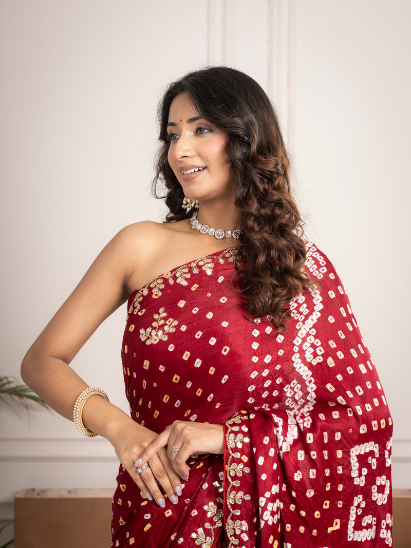 Ruby Red Bandhani Silk Saree with Hand Embellished Border