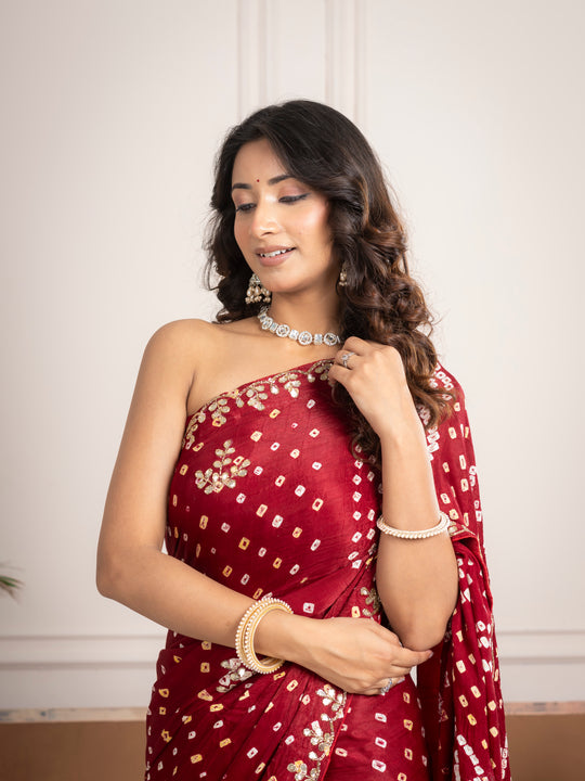 Ruby Red Bandhani Silk Saree with Hand Embellished Border