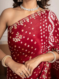 Ruby Red Bandhani Silk Saree with Hand Embellished Border - Shri SKA Sons