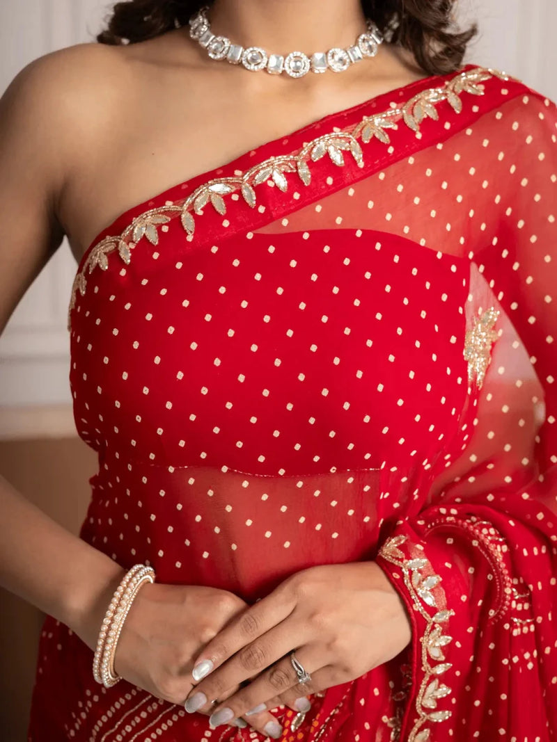 Chiffon Red Bandhani Saree with Gota Patti Border - Shri SKA Sons