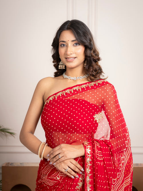 Chiffon Red Bandhani Saree with Gota Patti Border