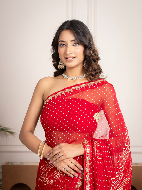 Chiffon Red Bandhani Saree with Gota Patti Border