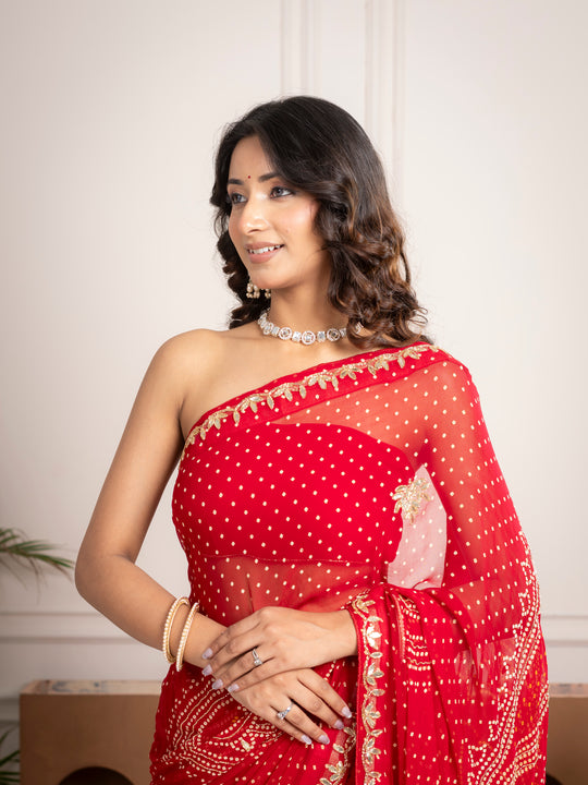Chiffon Red Bandhani Saree with Gota Patti Border