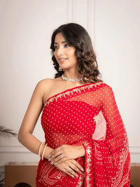 Chiffon Red Bandhani Saree with Gota Patti Border - Shri SKA Sons