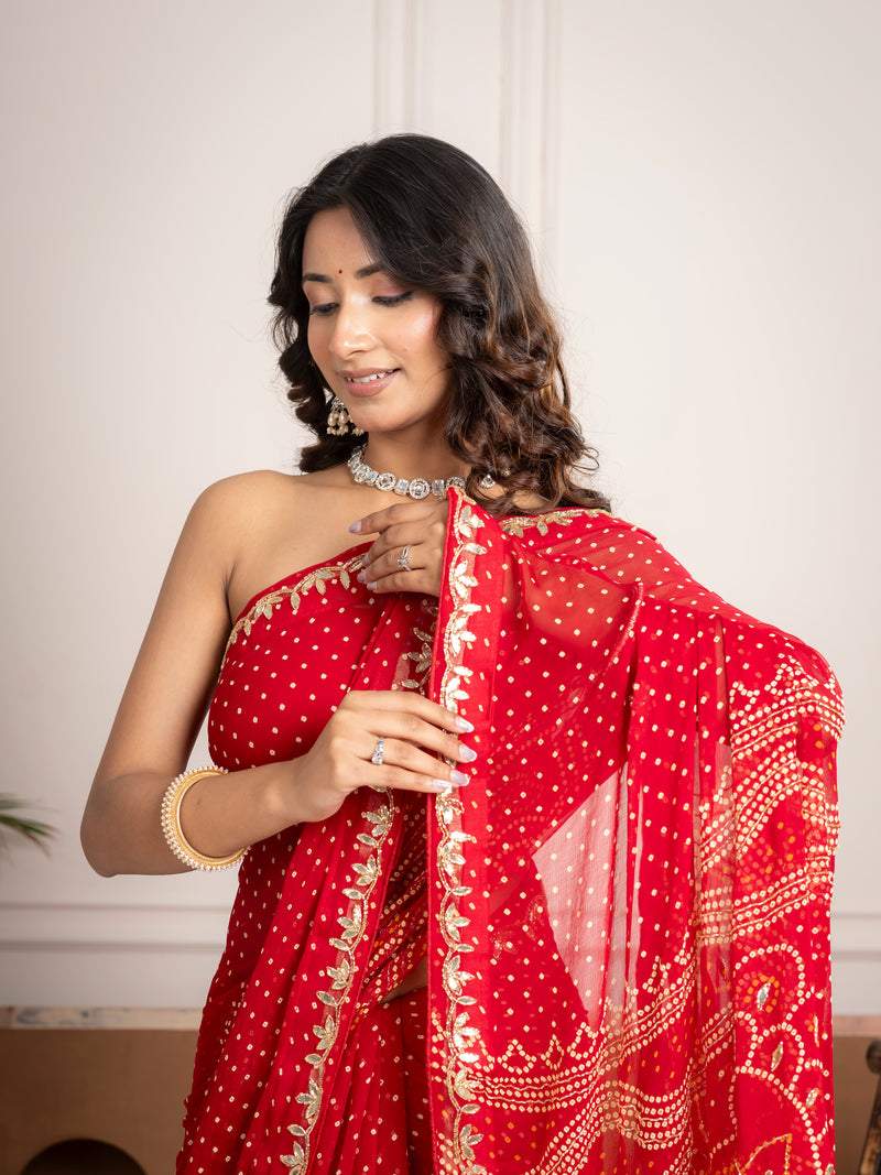 Chiffon Red Bandhani Saree with Gota Patti Border
