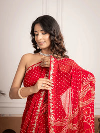 Chiffon Red Bandhani Saree with Gota Patti Border - Shri SKA Sons