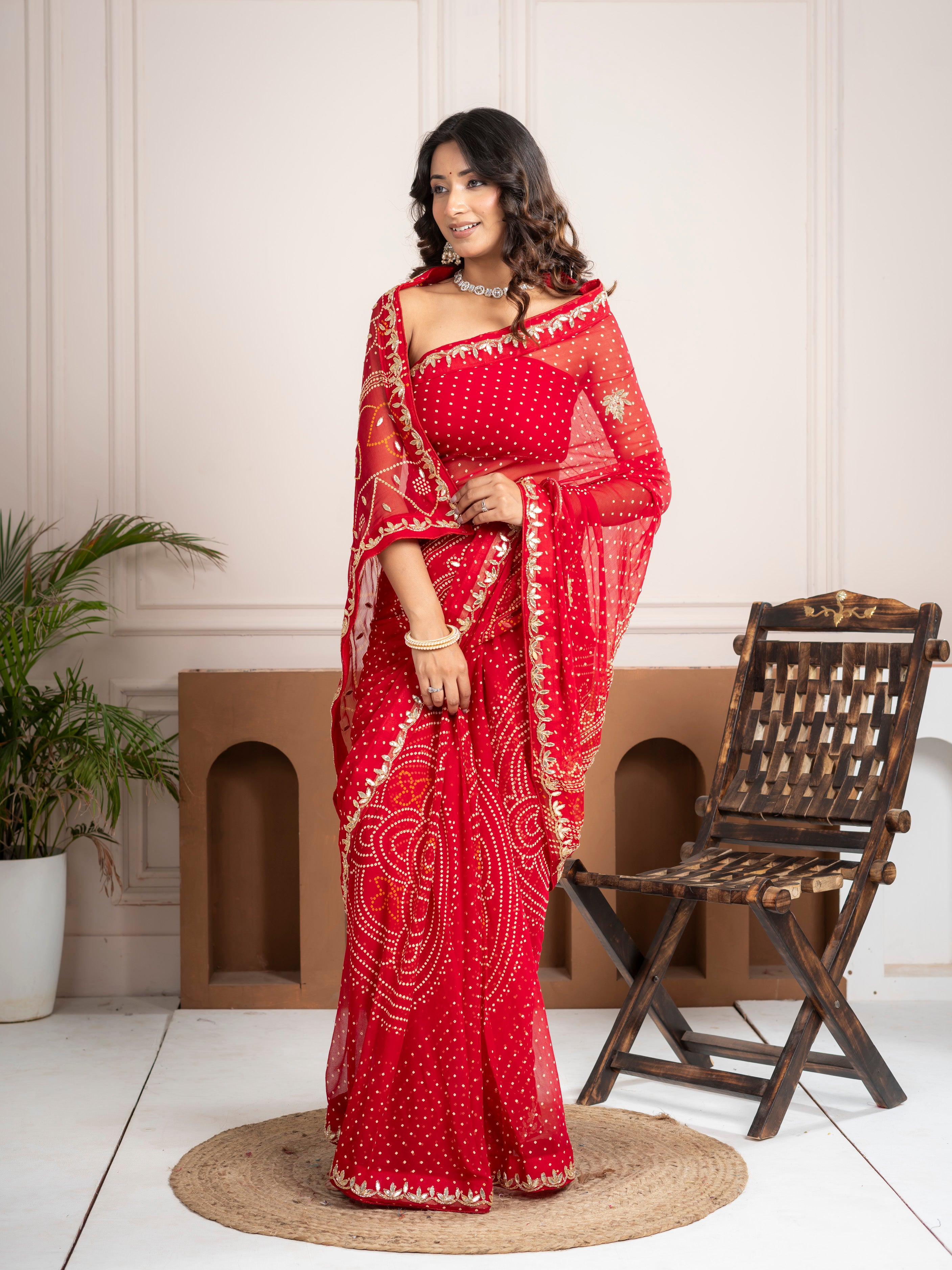 Chiffon Red Bandhani Saree with Gota Patti Border