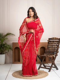 Chiffon Red Bandhani Saree with Gota Patti Border - Shri SKA Sons