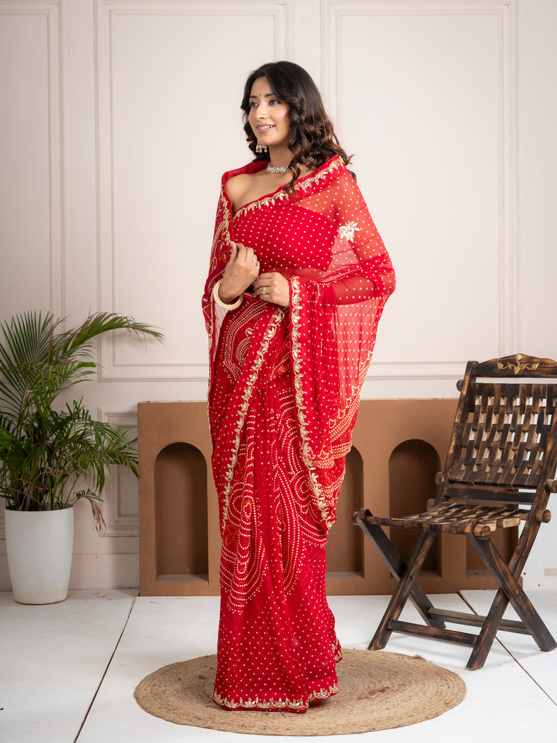 Chiffon Red Bandhani Saree with Gota Patti Border