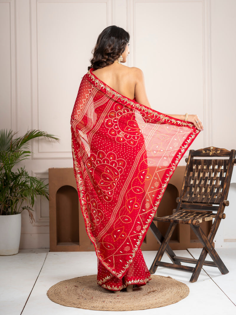 Chiffon Red Bandhani Saree with Gota Patti Border