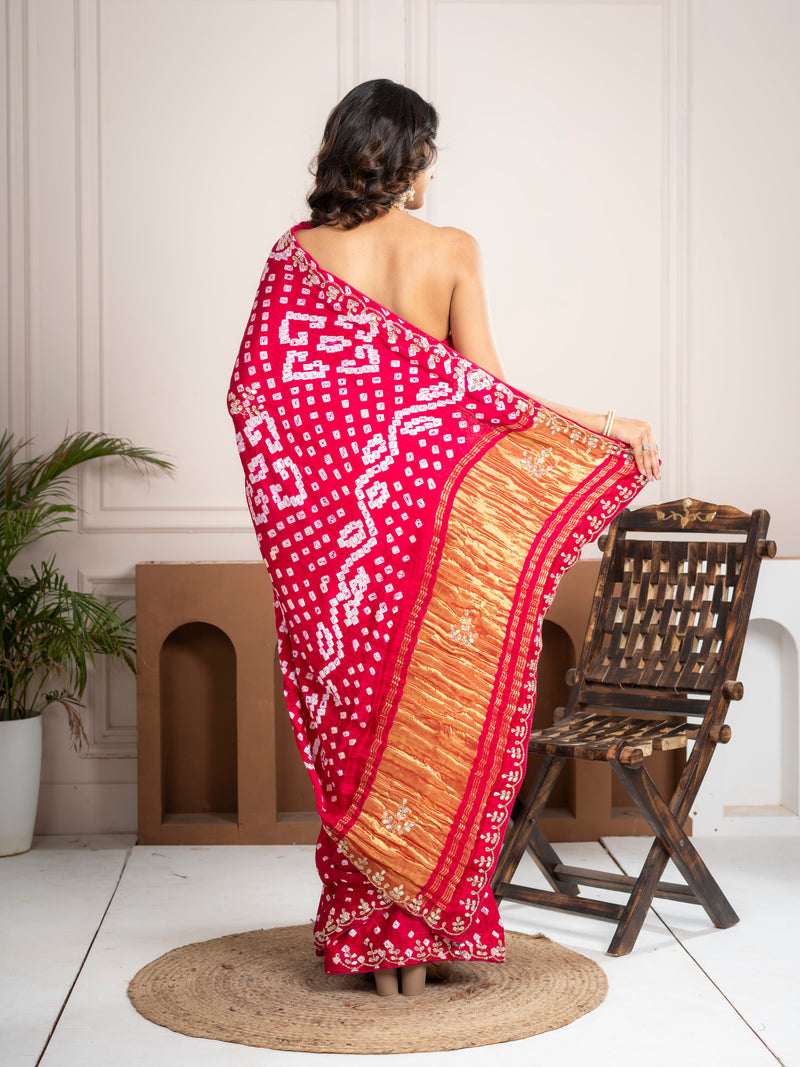 Raspberry Gajji Silk Bandhani Saree with Embroidered Border