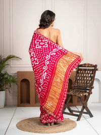 Raspberry Gajji Silk Bandhani Saree with Embroidered Border - Shri SKA Sons