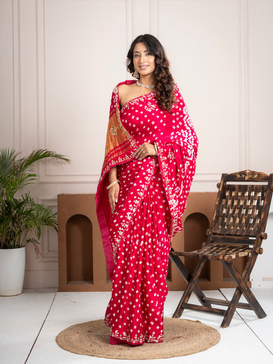 Raspberry Gajji Silk Bandhani Saree with Embroidered Border