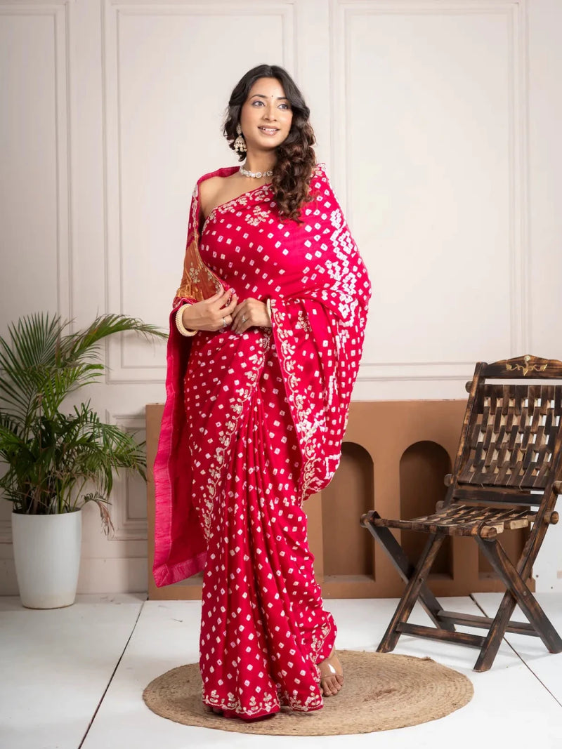Raspberry Gajji Silk Bandhani Saree with Embroidered Border - Shri SKA Sons