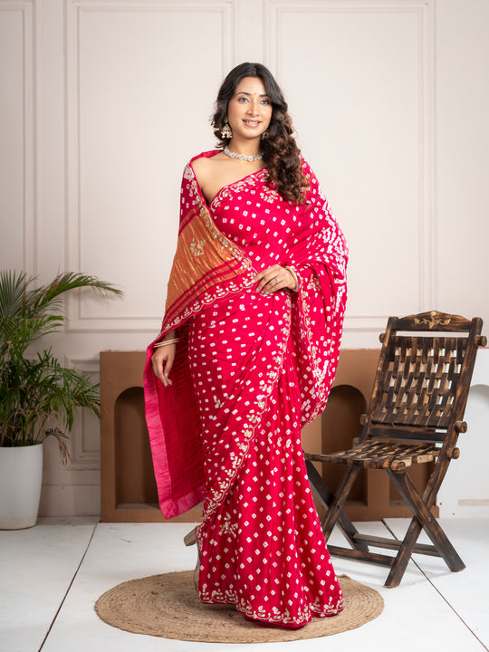 Raspberry Gajji Silk Bandhani Saree with Embroidered Border