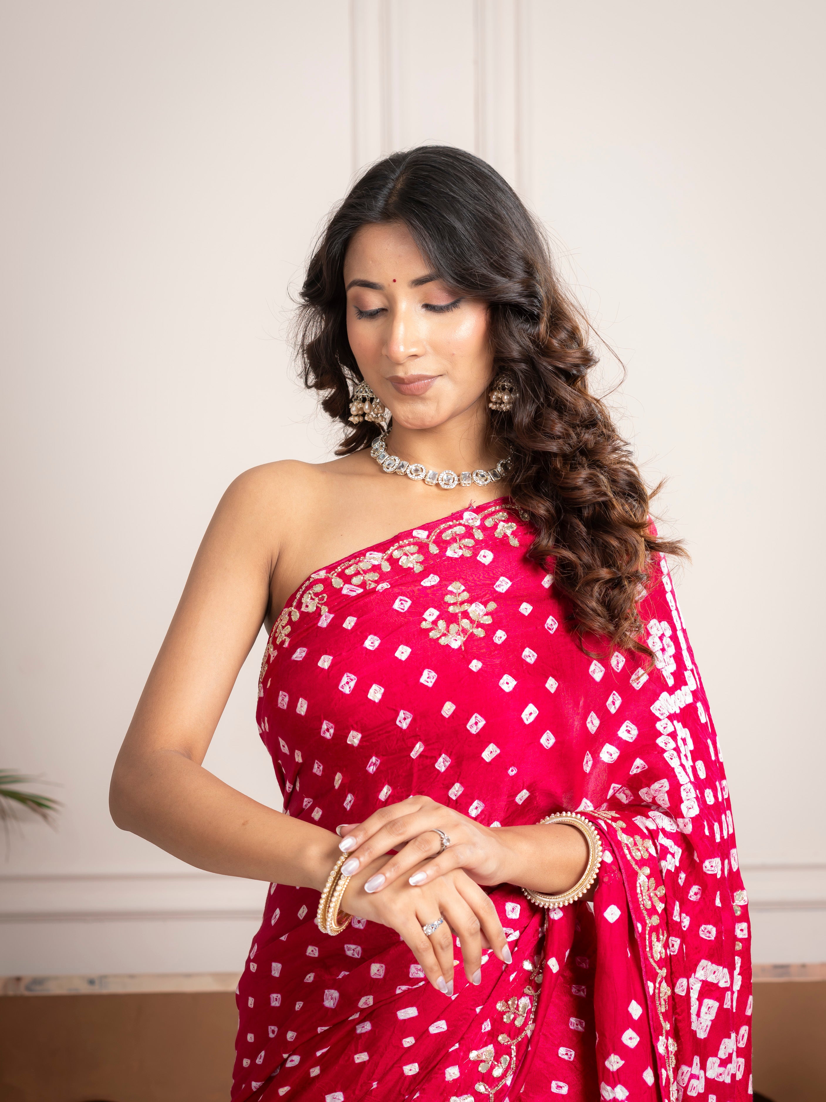 Raspberry Gajji Silk Bandhani Saree with Embroidered Border