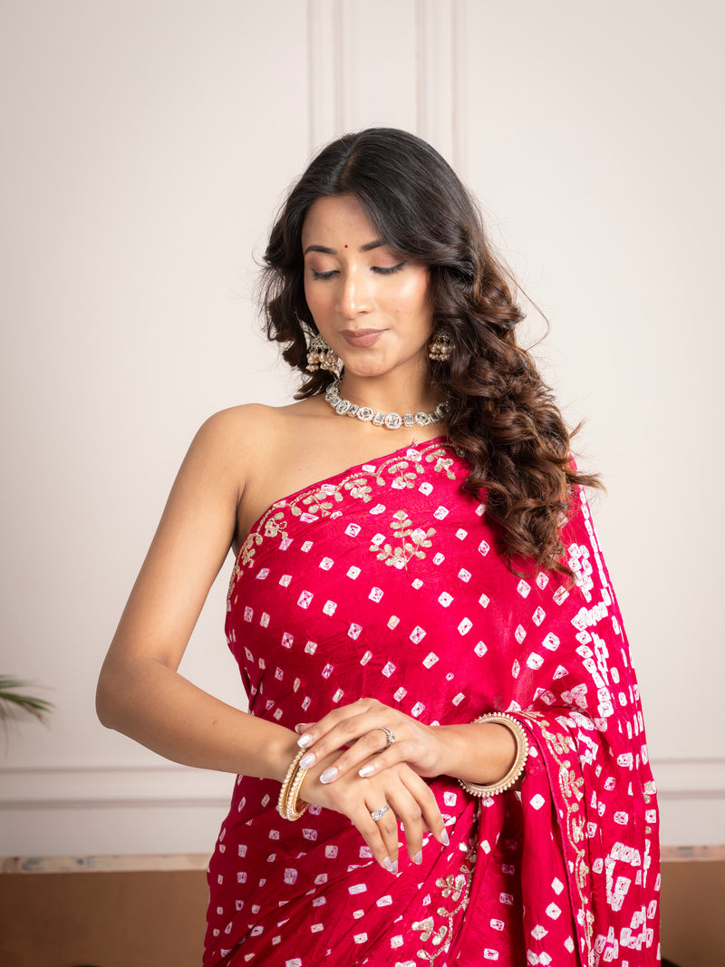 Raspberry Gajji Silk Bandhani Saree with Embroidered Border