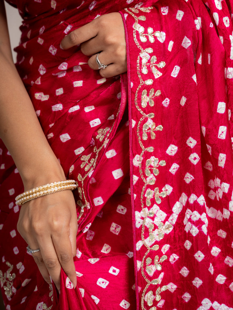 Raspberry Gajji Silk Bandhani Saree with Embroidered Border