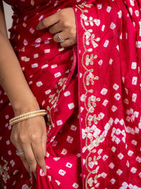 Raspberry Gajji Silk Bandhani Saree with Embroidered Border - Shri SKA Sons