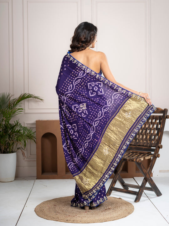 Iris Purple Gajji Silk Bandhani Saree with Zari Border