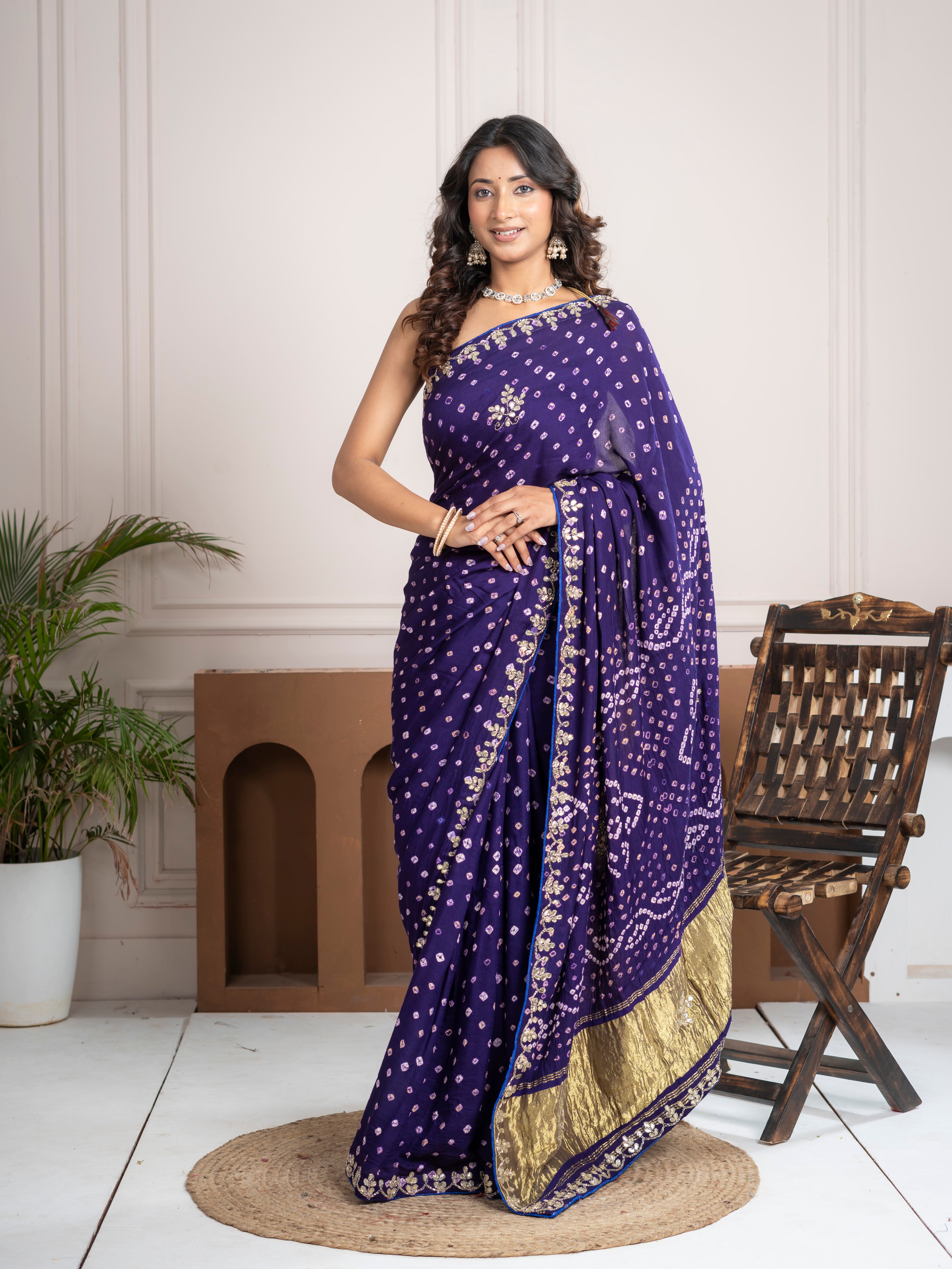 Iris Purple Gajji Silk Bandhani Saree with Zari Border