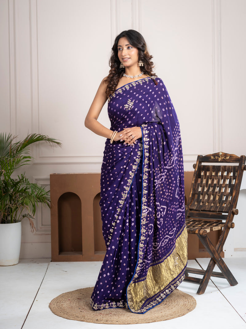 Iris Purple Gajji Silk Bandhani Saree with Zari Border