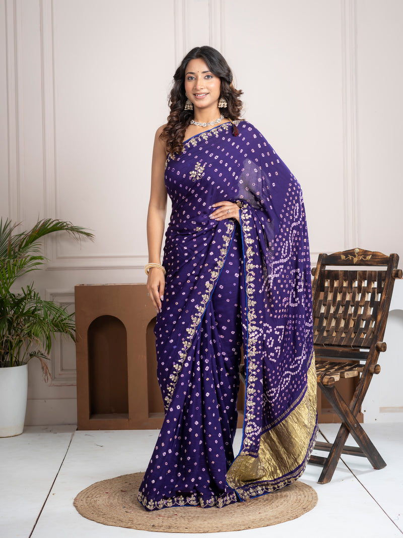 Iris Purple Gajji Silk Bandhani Saree with Zari Border