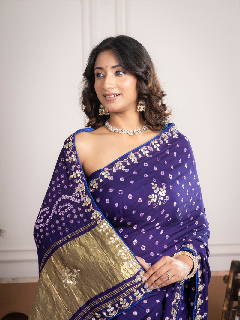 Iris Purple Gajji Silk Bandhani Saree with Zari Border
