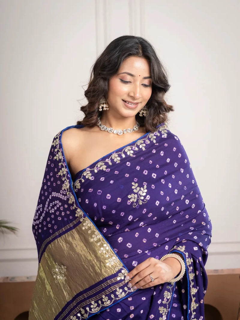 Iris Purple Gajji Silk Bandhani Saree with Zari Border - Shri SKA Sons