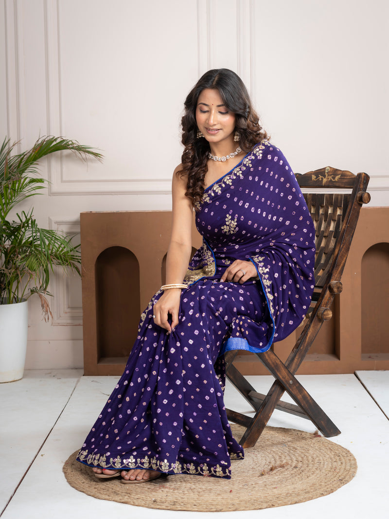 Iris Purple Gajji Silk Bandhani Saree with Zari Border