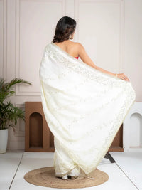Elegant Ivory Silk Saree with Hand Embroidered Border - Shri SKA Sons