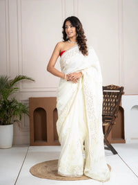 Elegant Ivory Silk Saree with Hand Embroidered Border - Shri SKA Sons