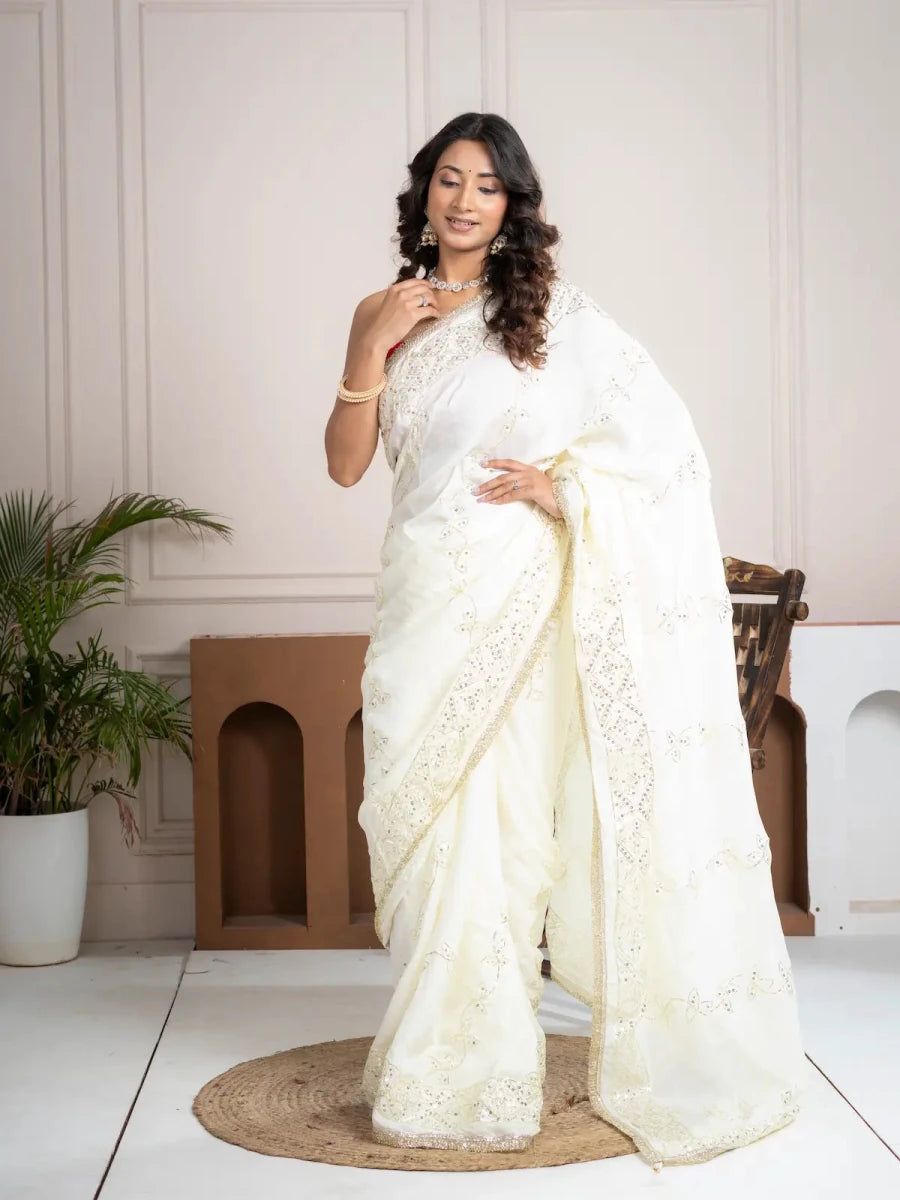 Elegant Ivory Silk Saree with Hand Embroidered Border - Shri SKA Sons
