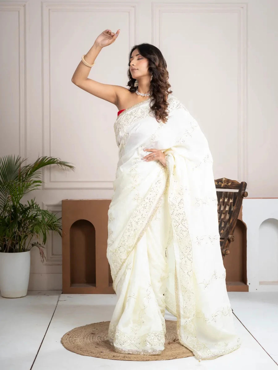Elegant Ivory Silk Saree with Hand Embroidered Border - Shri SKA Sons