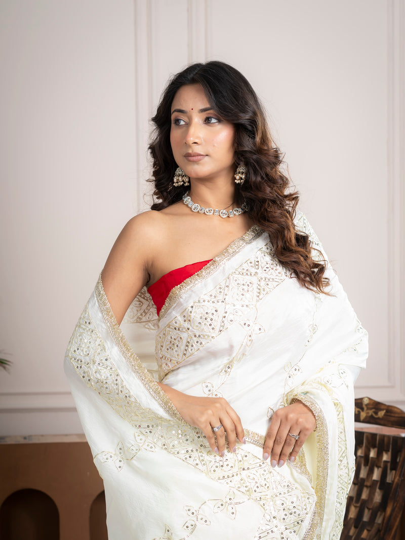 Elegant Ivory Silk Saree with Hand Embroidered Border
