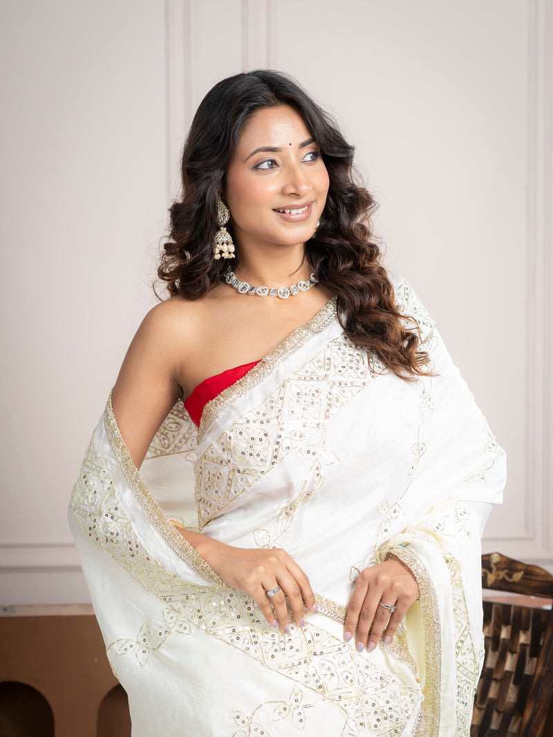 Elegant Ivory Silk Saree with Hand Embroidered Border