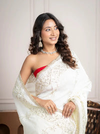 Elegant Ivory Silk Saree with Hand Embroidered Border - Shri SKA Sons