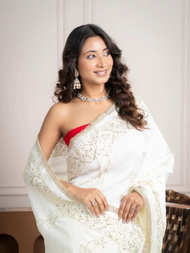 Elegant Ivory Silk Saree with Hand Embroidered Border - Shri SKA Sons