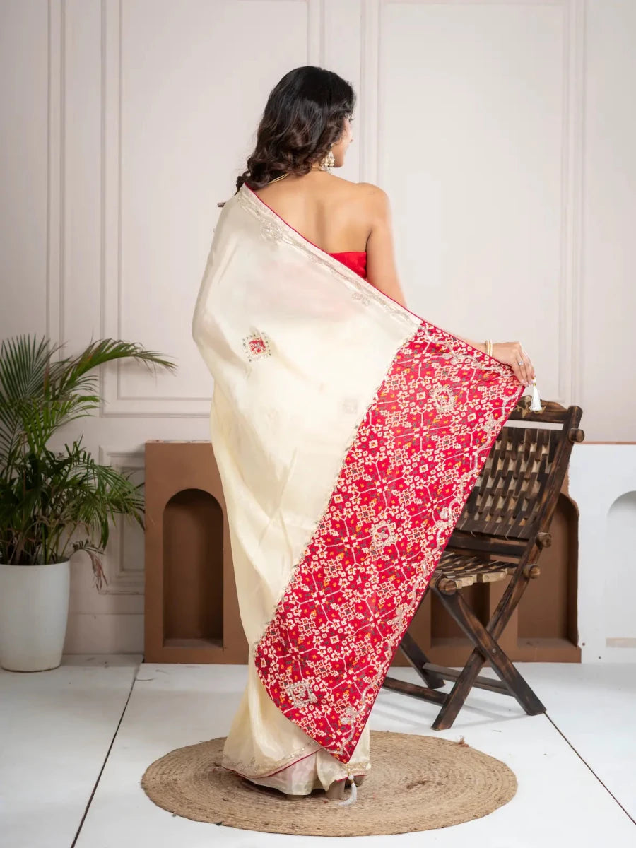 Strawberry Beige Bandhani Patola Silk Saree with Zardozi Work - Shri SKA Sons
