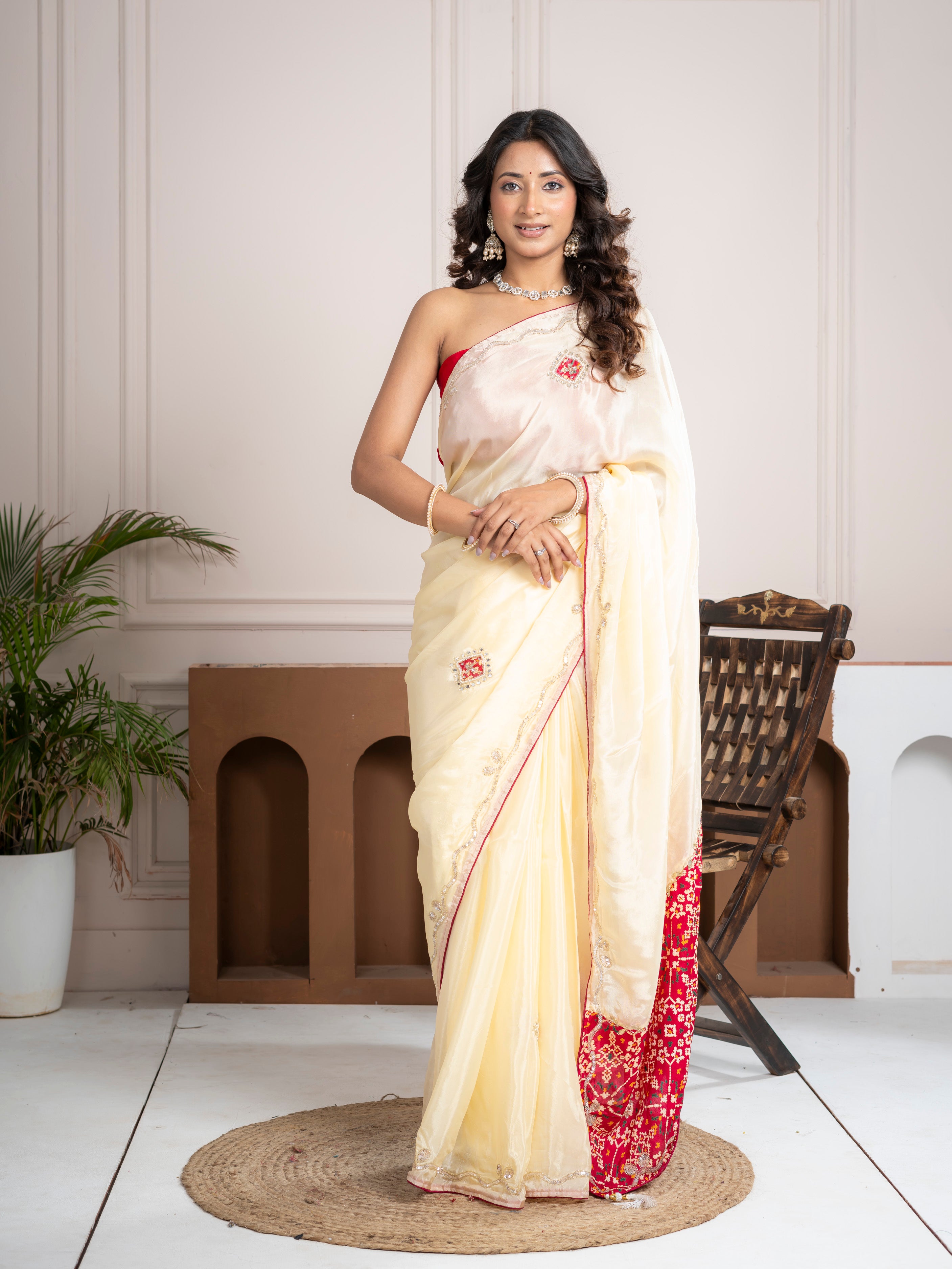 Strawberry Beige Bandhani Patola Silk Saree with Zardozi Work