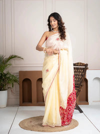 Strawberry Beige Bandhani Patola Silk Saree with Zardozi Work - Shri SKA Sons
