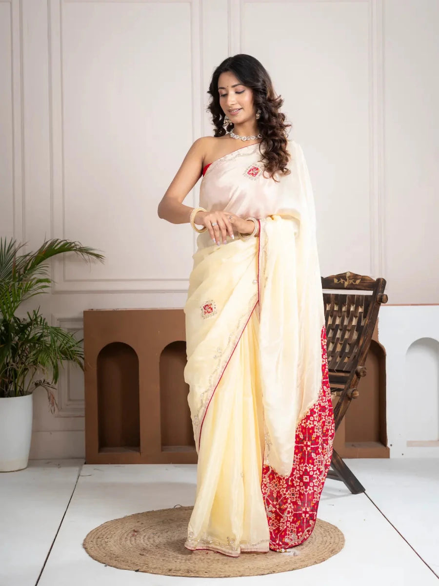 Strawberry Beige Bandhani Patola Silk Saree with Zardozi Work - Shri SKA Sons