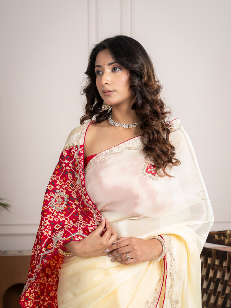 Strawberry Beige Bandhani Patola Silk Saree with Zardozi Work