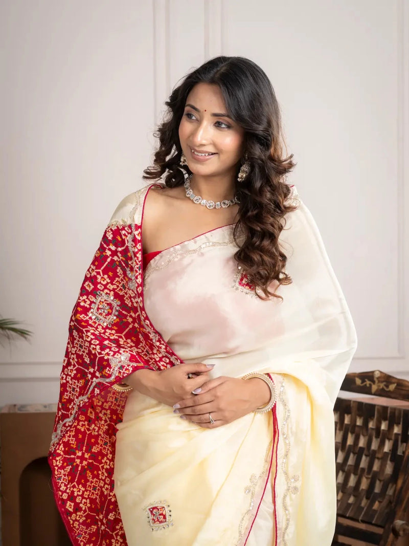 Strawberry Beige Bandhani Patola Silk Saree with Zardozi Work - Shri SKA Sons
