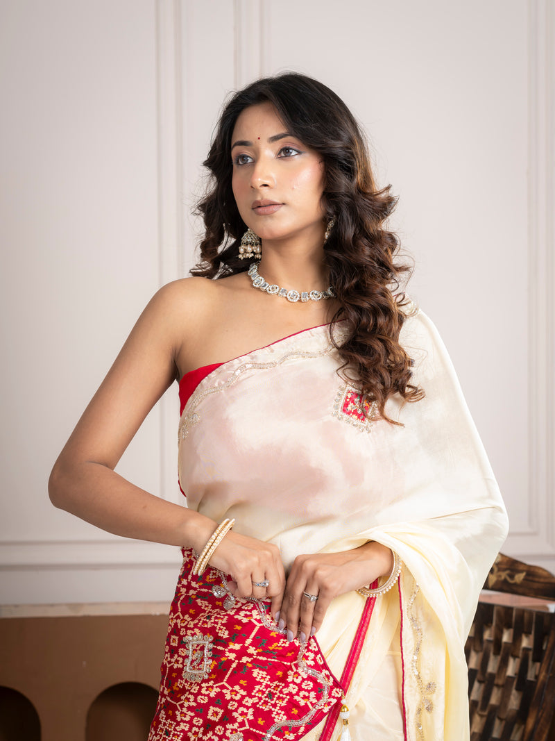 Strawberry Beige Bandhani Patola Silk Saree with Zardozi Work