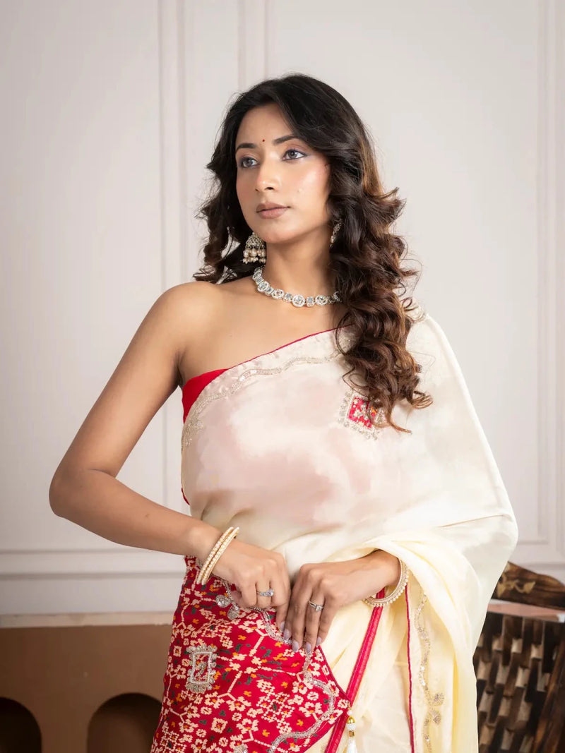 Strawberry Beige Bandhani Patola Silk Saree with Zardozi Work - Shri SKA Sons