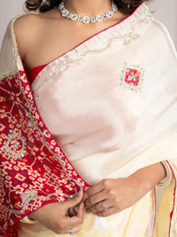 Strawberry Beige Bandhani Patola Silk Saree with Zardozi Work - Shri SKA Sons