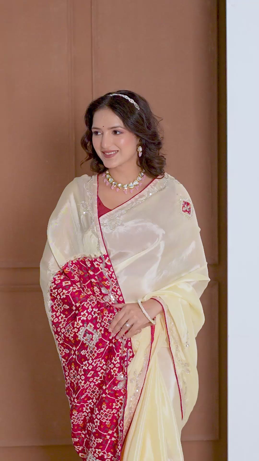 Red Tuscan Beige Bandhani Patola Silk Saree with Zardozi Work